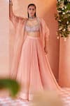 Buy_Ridhi Mehra_Peach Blouse Net Jacket Organza Lehenga Chiffon Embroidery Roxann And Set _Online_at_Aza_Fashions