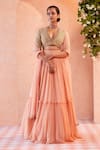 Buy_Ridhi Mehra_Peach Blouse  Lehenga Chiffon Dupatta Biana Tiered Bridal Set _at_Aza_Fashions