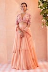 Buy_Ridhi Mehra_Peach Blouse  Lehenga Chiffon Dupatta Suzzone Tiered Bridal Set _at_Aza_Fashions