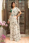 Buy_Chhavvi Aggarwal_White Georgette V Neck Printed Pre-draped Saree With Blouse _at_Aza_Fashions