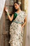 Chhavvi Aggarwal_White Georgette V Neck Printed Pre-draped Saree With Blouse _Online_at_Aza_Fashions