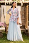 Buy_Chhavvi Aggarwal_Blue Top Crepe Palazzo Organza Embroidery V Neck Printed Peplum Kurta Set _at_Aza_Fashions