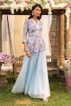 Shop_Chhavvi Aggarwal_Blue Top Crepe Palazzo Organza Embroidery V Neck Printed Peplum Kurta Set _at_Aza_Fashions