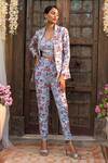Chhavvi Aggarwal_Blue Crepe Blazer Lapel Collar Bustier Sweetheart Printed Jacket And Pant Set _Online_at_Aza_Fashions
