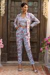 Buy_Chhavvi Aggarwal_Blue Crepe Blazer Lapel Collar Bustier Sweetheart Printed Jacket And Pant Set _Online_at_Aza_Fashions