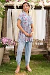 Chhavvi Aggarwal_Blue Crepe Embroidery V Neck Printed Tunic And Dhoti Pant Set _Online_at_Aza_Fashions