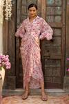 Buy_Chhavvi Aggarwal_Pink Crepe Collared Neck Floral Print Draped Dress_Online_at_Aza_Fashions