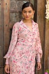 Shop_Chhavvi Aggarwal_Pink Crepe Collared Neck Floral Print Draped Dress_Online_at_Aza_Fashions