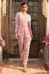 Buy_Chhavvi Aggarwal_Pink Crepe Blazer Lapel Collar Bustier Sweetheart Printed Jacket And Pant Set _at_Aza_Fashions