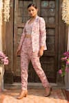 Chhavvi Aggarwal_Pink Crepe Blazer Lapel Collar Bustier Sweetheart Printed Jacket And Pant Set _Online_at_Aza_Fashions