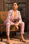 Buy_Chhavvi Aggarwal_Pink Crepe Blazer Lapel Collar Bustier Sweetheart Printed Jacket And Pant Set _Online_at_Aza_Fashions