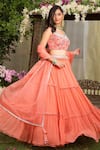 Shop_Chhavvi Aggarwal_Peach Blouse Crepe Lehenga Georgette Dupatta Organza Round Tiered Set _at_Aza_Fashions