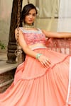 Buy_Chhavvi Aggarwal_Peach Blouse Crepe Lehenga Georgette Dupatta Organza Round Tiered Set _Online_at_Aza_Fashions