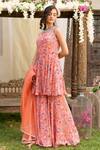Chhavvi Aggarwal_Peach Kurta And Sharara Crepe Dupatta Organza Round Printed Set _Online_at_Aza_Fashions