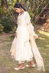 Neeta Bhargava_Beige Organza, Silk Chanderi Leaf Neck Kurta Set _Online_at_Aza_Fashions