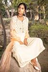 Buy_Neeta Bhargava_Beige Organza, Silk Chanderi Leaf Neck Kurta Set _Online_at_Aza_Fashions