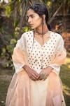 Shop_Neeta Bhargava_Beige Organza, Silk Chanderi Leaf Neck Kurta Set _Online_at_Aza_Fashions