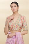 Buy_Pranay Baidya_Beige Chanderi Embroidery V Neck Blouse _at_Aza_Fashions