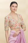 Pranay Baidya_Beige Chanderi Embroidery V Neck Blouse _Online_at_Aza_Fashions