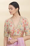 Buy_Pranay Baidya_Beige Chanderi Embroidery V Neck Blouse _Online_at_Aza_Fashions