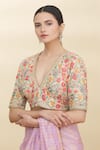 Shop_Pranay Baidya_Beige Chanderi Embroidery V Neck Blouse _Online_at_Aza_Fashions