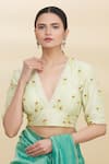 Buy_Pranay Baidya_Green Chanderi V Neck Blouse _at_Aza_Fashions
