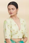 Pranay Baidya_Green Chanderi V Neck Blouse _Online_at_Aza_Fashions