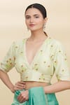 Buy_Pranay Baidya_Green Chanderi V Neck Blouse _Online_at_Aza_Fashions