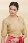 Pranay Baidya_Gold Net Embroidery V Neck Sequin Embellished Blouse _Online_at_Aza_Fashions