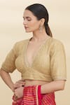 Shop_Pranay Baidya_Gold Net Embroidery V Neck Sequin Embellished Blouse _Online_at_Aza_Fashions