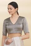 Buy_Pranay Baidya_Grey Tissue Embroidery V Neck Blouse _at_Aza_Fashions