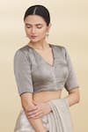 Pranay Baidya_Grey Tissue Embroidery V Neck Blouse _Online_at_Aza_Fashions