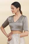 Buy_Pranay Baidya_Grey Tissue Embroidery V Neck Blouse _Online_at_Aza_Fashions