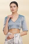Buy_Pranay Baidya_Blue Tissue Embroidery V Neck Blouse _Online_at_Aza_Fashions