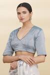Buy_Pranay Baidya_Blue Tissue Embroidery V Neck Blouse _at_Aza_Fashions