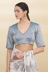 Shop_Pranay Baidya_Blue Tissue Embroidery V Neck Blouse _Online_at_Aza_Fashions