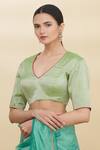 Shop_Pranay Baidya_Green Tissue Embroidery V Neck Blouse _Online_at_Aza_Fashions