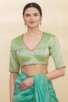 Buy_Pranay Baidya_Green Tissue Embroidery V Neck Blouse _at_Aza_Fashions