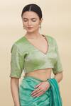 Pranay Baidya_Green Tissue Embroidery V Neck Blouse _Online_at_Aza_Fashions