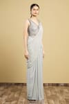 ARPAN VOHRA_Grey Georgette Embroidery V Neck Embellished Saree Gown _Online_at_Aza_Fashions