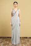 Shop_ARPAN VOHRA_Grey Georgette Embroidery V Neck Embellished Saree Gown _Online_at_Aza_Fashions