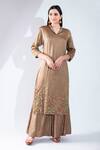 Buy_Asha Gautam_Brown Modal Satin Embroidery V Neck Kurta And Palazzo Set  _at_Aza_Fashions