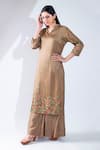 Asha Gautam_Brown Modal Satin Embroidery V Neck Kurta And Palazzo Set  _Online_at_Aza_Fashions