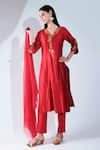 Asha Gautam_Red Chanderi Silk Embroidery V Neck Kurta Set  _Online_at_Aza_Fashions