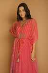 k-anshika_Pink Georgette Embroidery V Neck Leheriya Print Kaftan _at_Aza_Fashions