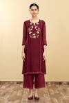 Desert Shine by Sulochana Jangir_Maroon Handloom Chanderi Embroidery Round Kurta Set  _Online_at_Aza_Fashions