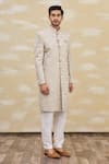 Aryavir Malhotra_Gold Brocade Churidar Silk Sherwani Set _Online_at_Aza_Fashions