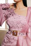 Dheeru Taneja_Purple Organza, Crepe, Satin One Shoulder Blouse And Flared Pant Set _Online_at_Aza_Fashions