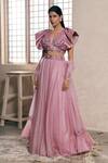 Buy_Dheeru Taneja_Purple Organza, Crepe, Taffeta Silk V Neck Draped Blouse And Lehenga Set _at_Aza_Fashions
