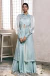 Buy_Dheeru Taneja_Blue Organza, Crepe Crop Top V-neck Jacket Collar And Pant Set _at_Aza_Fashions